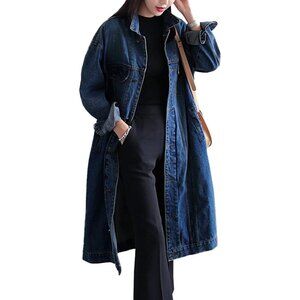 Women Dark Blue Jacket Plus Size Loose Long Sleeve Button Down Denim Trench Coat
